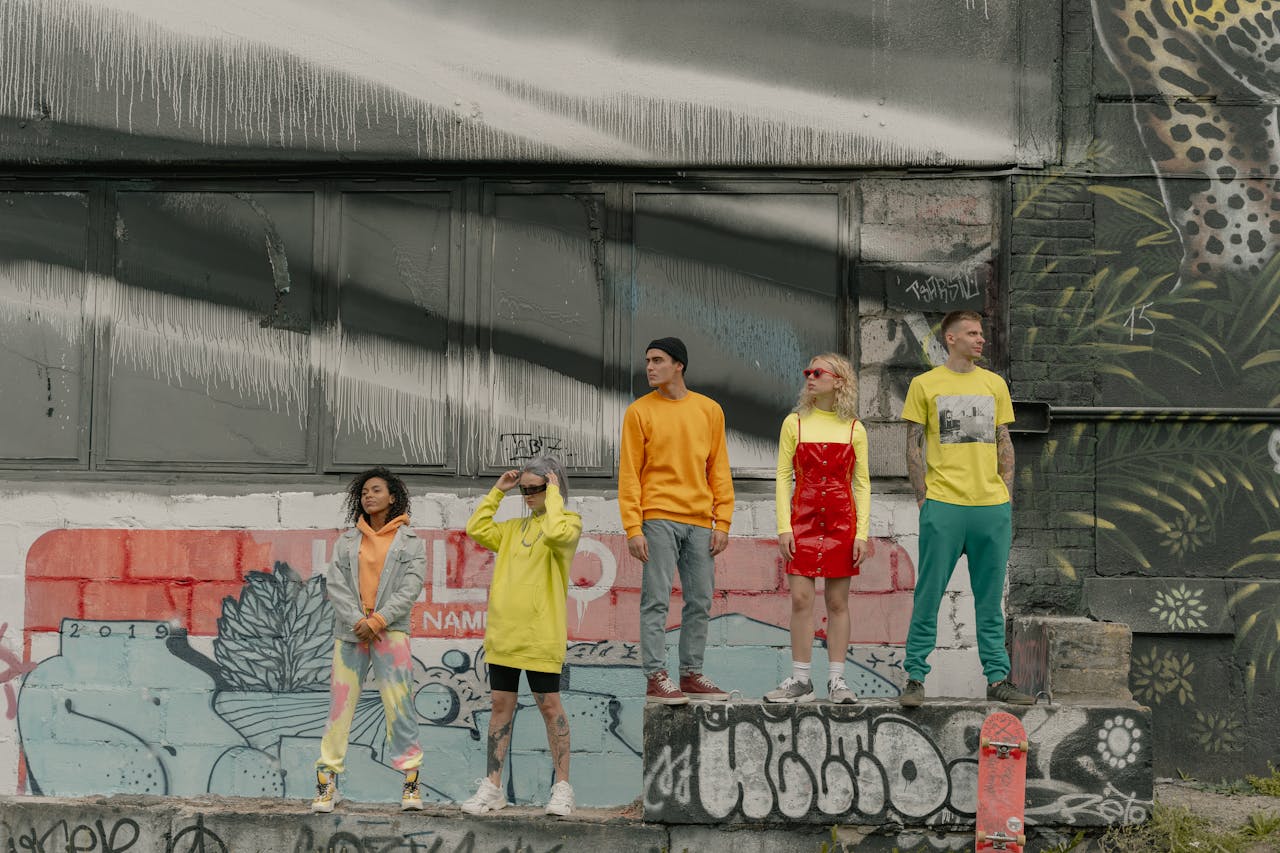 hero-img-02 Fashionable group standing against vibrant graffiti wall, showcasing modern street style.